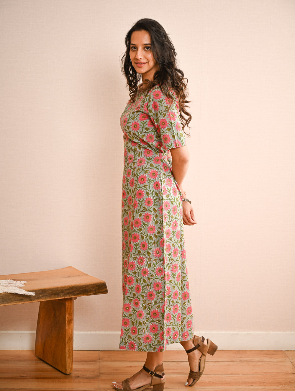 Cool Classics. Sanganer Hand Block Printed Easy Dress - Pink Daisy
