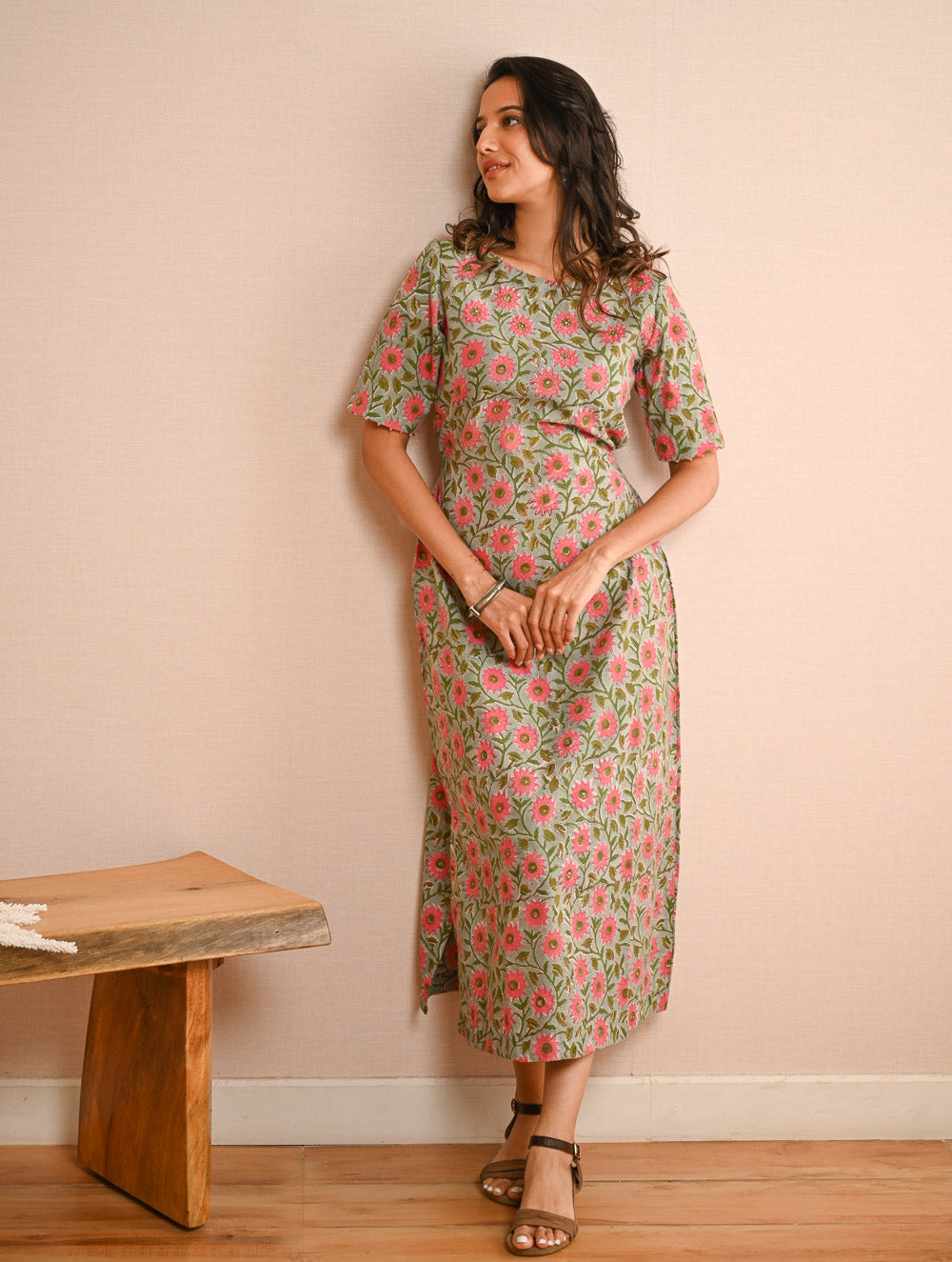 Cool Classics. Sanganer Hand Block Printed Easy Dress - Pink Daisy
