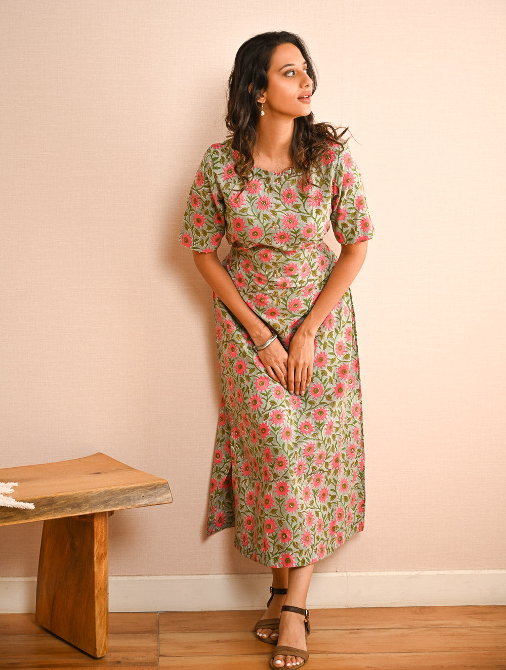 Cool Classics. Sanganer Hand Block Printed Easy Dress - Pink Daisy