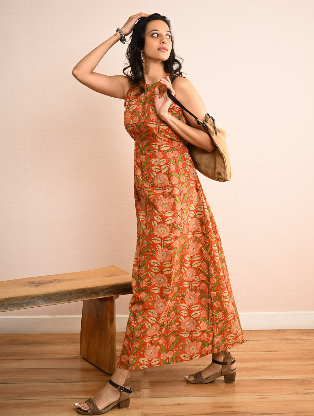 Cool Classics. Sanganer Hand Block Printed Easy Dress - Orange Sprigs