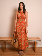 Cool Classics. Sanganer Hand Block Printed Easy Dress - Orange Sprigs