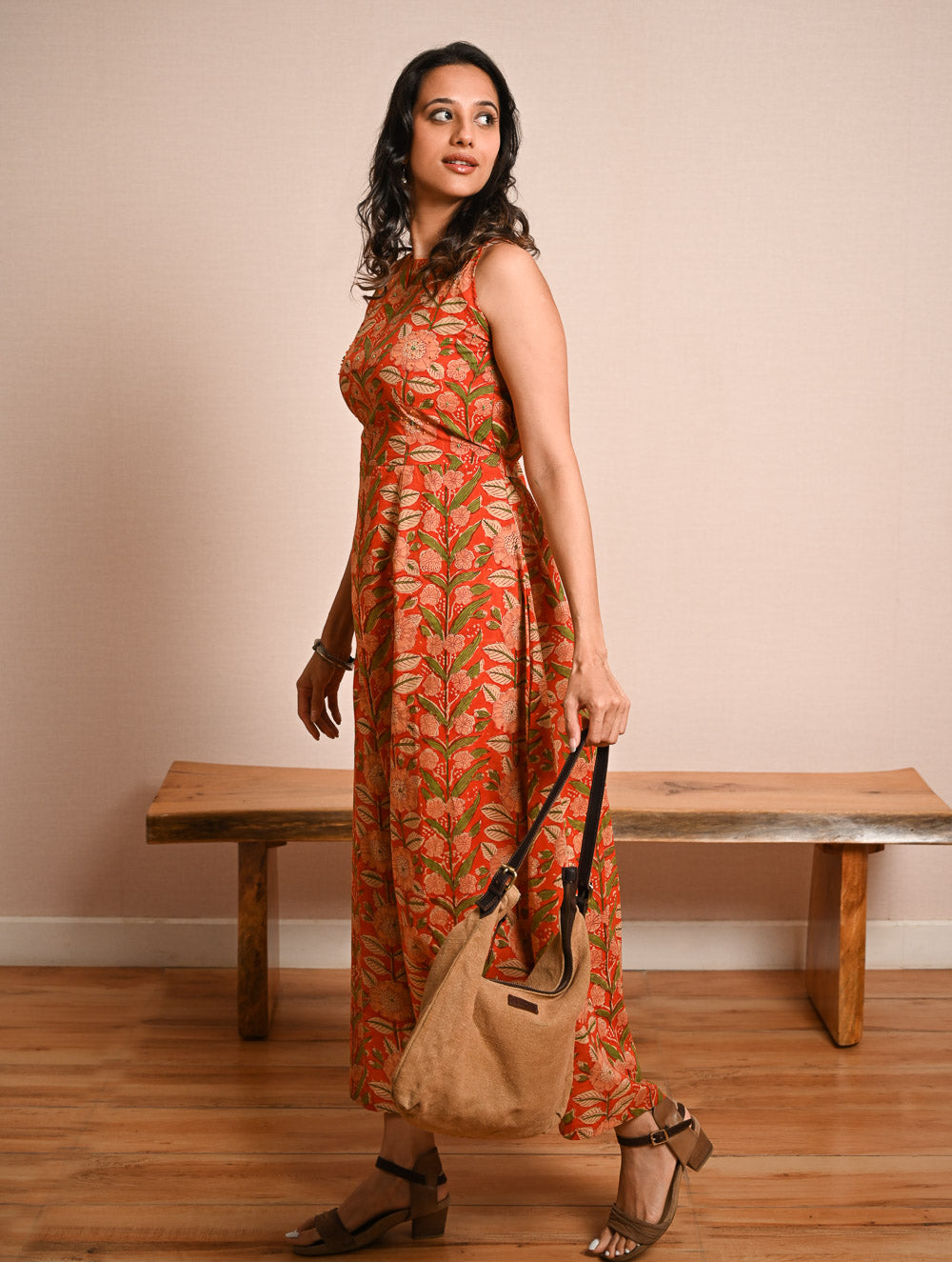 Cool Classics. Sanganer Hand Block Printed Easy Dress - Orange Sprigs