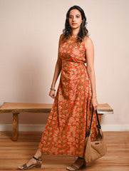 Cool Classics. Sanganer Hand Block Printed Easy Dress - Orange Sprigs