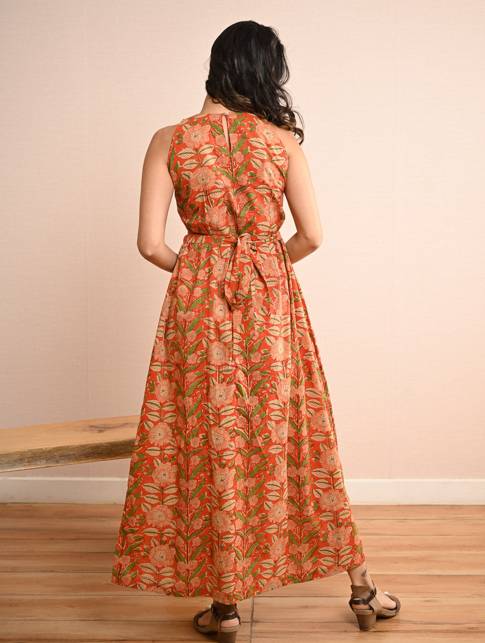 Cool Classics. Sanganer Hand Block Printed Easy Dress - Orange Sprigs