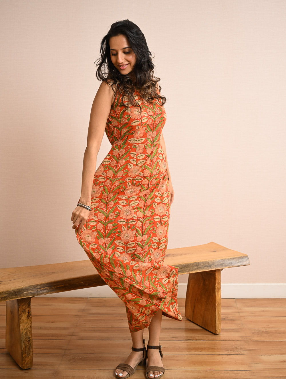 Cool Classics. Sanganer Hand Block Printed Easy Dress - Orange Sprigs