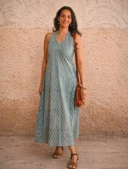 Cool Classics. Sanganer Hand Block Printed Halter Dress - Turquoise Florets