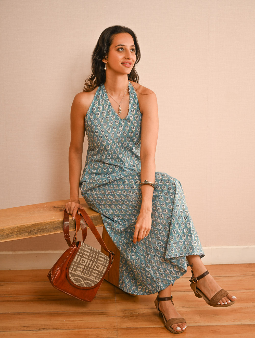 Cool Classics. Sanganer Hand Block Printed Halter Dress - Turquoise Florets