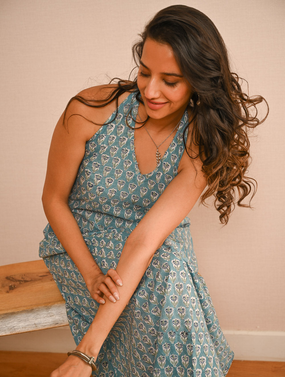 Cool Classics. Sanganer Hand Block Printed Halter Dress - Turquoise Florets