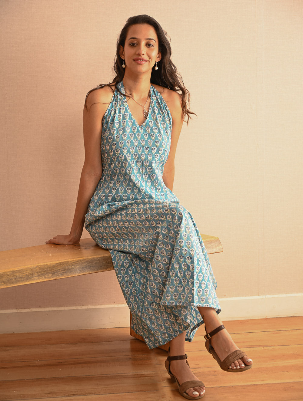 Cool Classics. Sanganer Hand Block Printed Halter Dress - Turquoise Florets