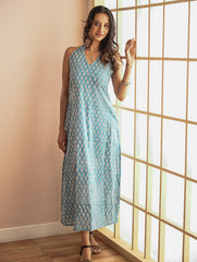 Cool Classics. Sanganer Hand Block Printed Halter Dress - Turquoise Florets