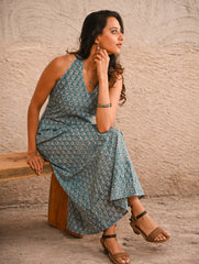 Cool Classics. Sanganer Hand Block Printed Halter Dress - Turquoise Florets