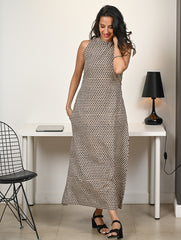 Work Chic. Hand Block Printed Bagru Cotton Straight Dress - Black Arrows