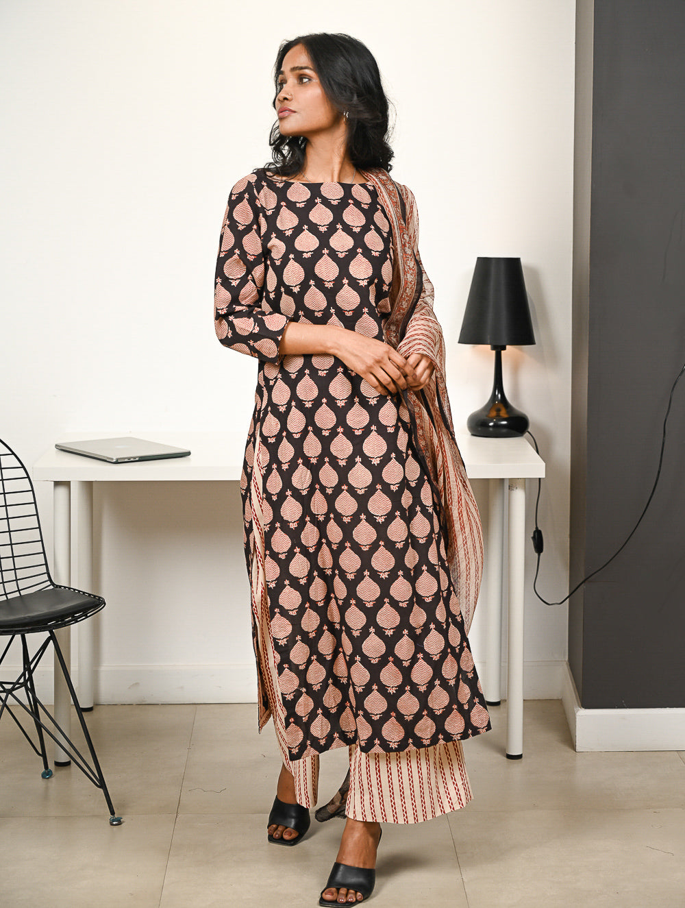 Work Chic. Hand Block Printed Bagru Cotton Kurta Set with Dupatta - Ornate Cocoa