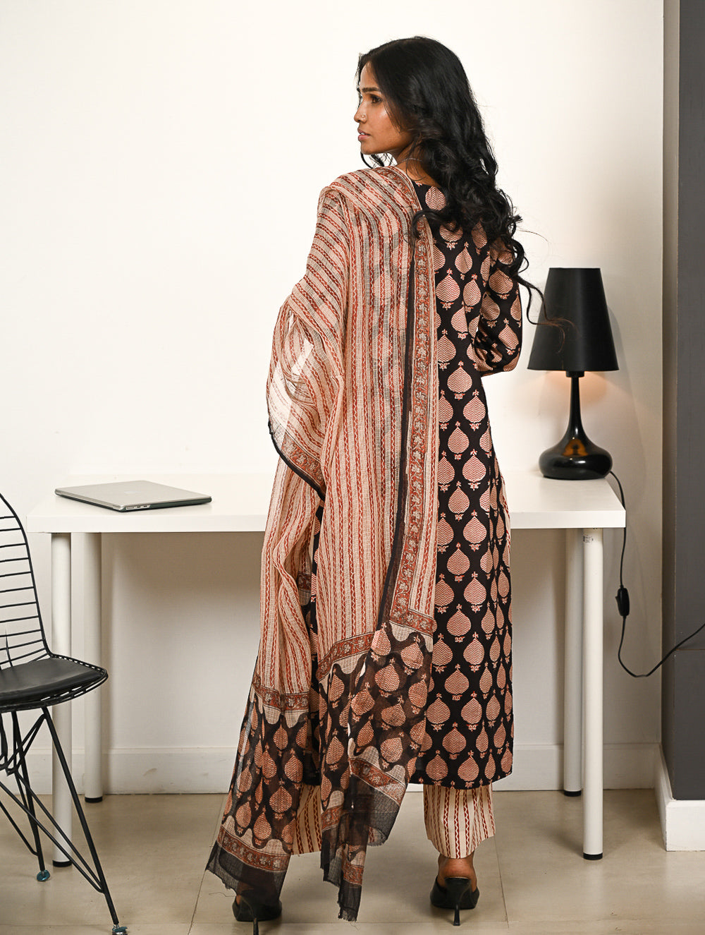 Work Chic. Hand Block Printed Bagru Cotton Kurta Set with Dupatta - Ornate Cocoa