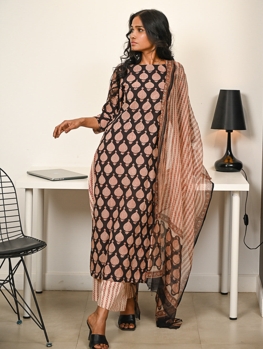 Work Chic. Hand Block Printed Bagru Cotton Kurta Set with Dupatta - Ornate Cocoa
