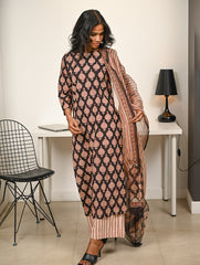 Work Chic. Hand Block Printed Bagru Cotton Kurta Set with Dupatta - Ornate Cocoa