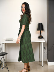 Work Chic. Bagh Hand Block Printed Cotton Wrap Dress - Green Paisley