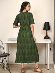 Work Chic. Bagh Hand Block Printed Cotton Wrap Dress - Green Paisley
