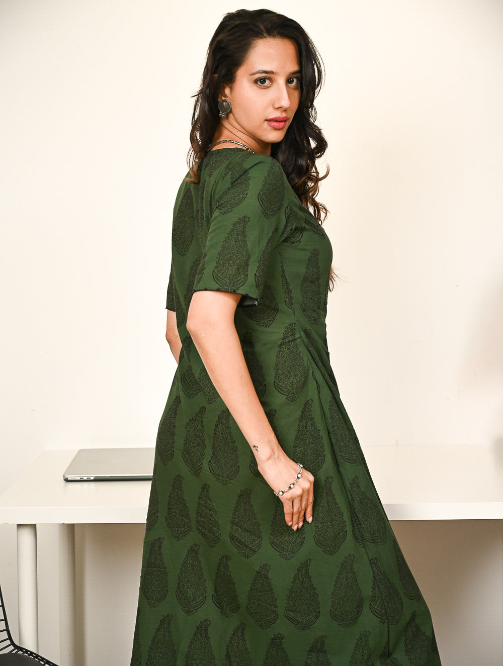 Work Chic. Bagh Hand Block Printed Cotton Wrap Dress - Green Paisley