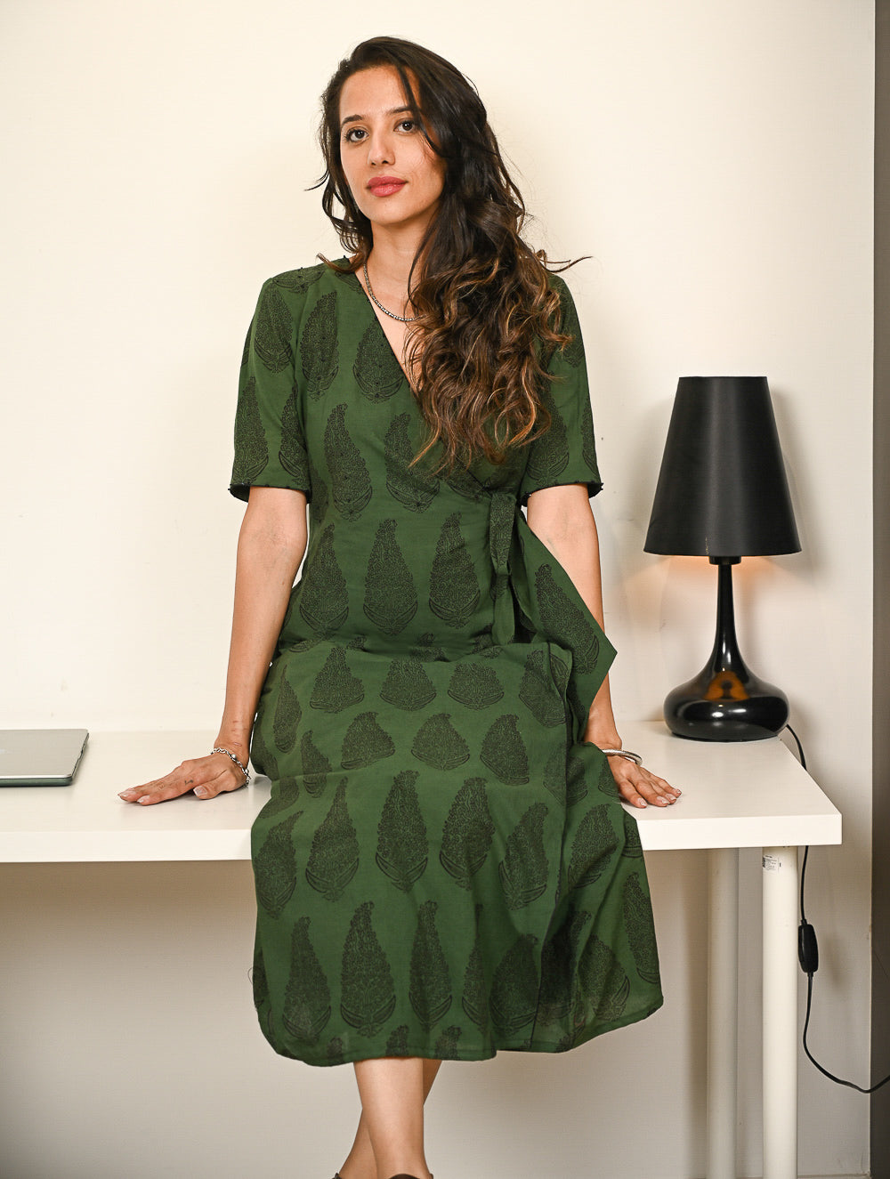 Work Chic. Bagh Hand Block Printed Cotton Wrap Dress - Green Paisley