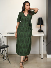 Work Chic. Bagh Hand Block Printed Cotton Wrap Dress - Green Paisley