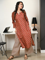 Work Chic. Hand Block Printed Bagru Cotton Kurta Set (Loose Fit) - Rust Petals  (2 pc set)