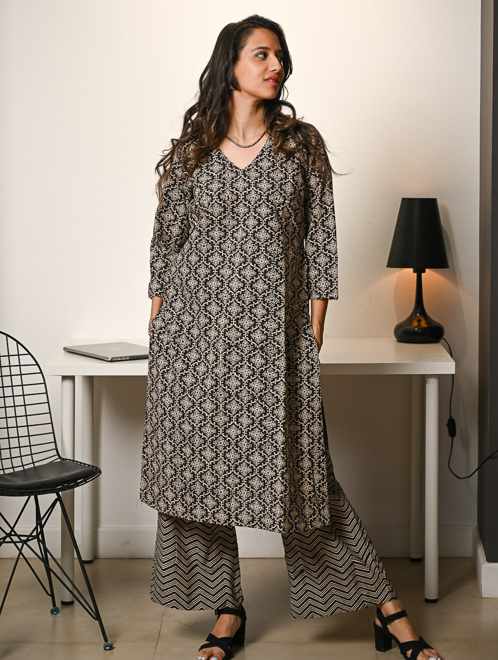 Work Chic. Hand Block Printed Bagru Cotton Kurta Set (Loose Fit) - Black Ornate (2 pc set)
