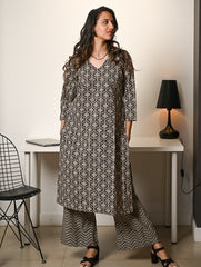 Work Chic. Hand Block Printed Bagru Cotton Kurta Set (Loose Fit) - Black Ornate (2 pc set)