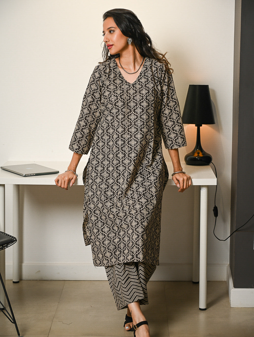 Work Chic. Hand Block Printed Bagru Cotton Kurta Set (Loose Fit) - Black Ornate (2 pc set)