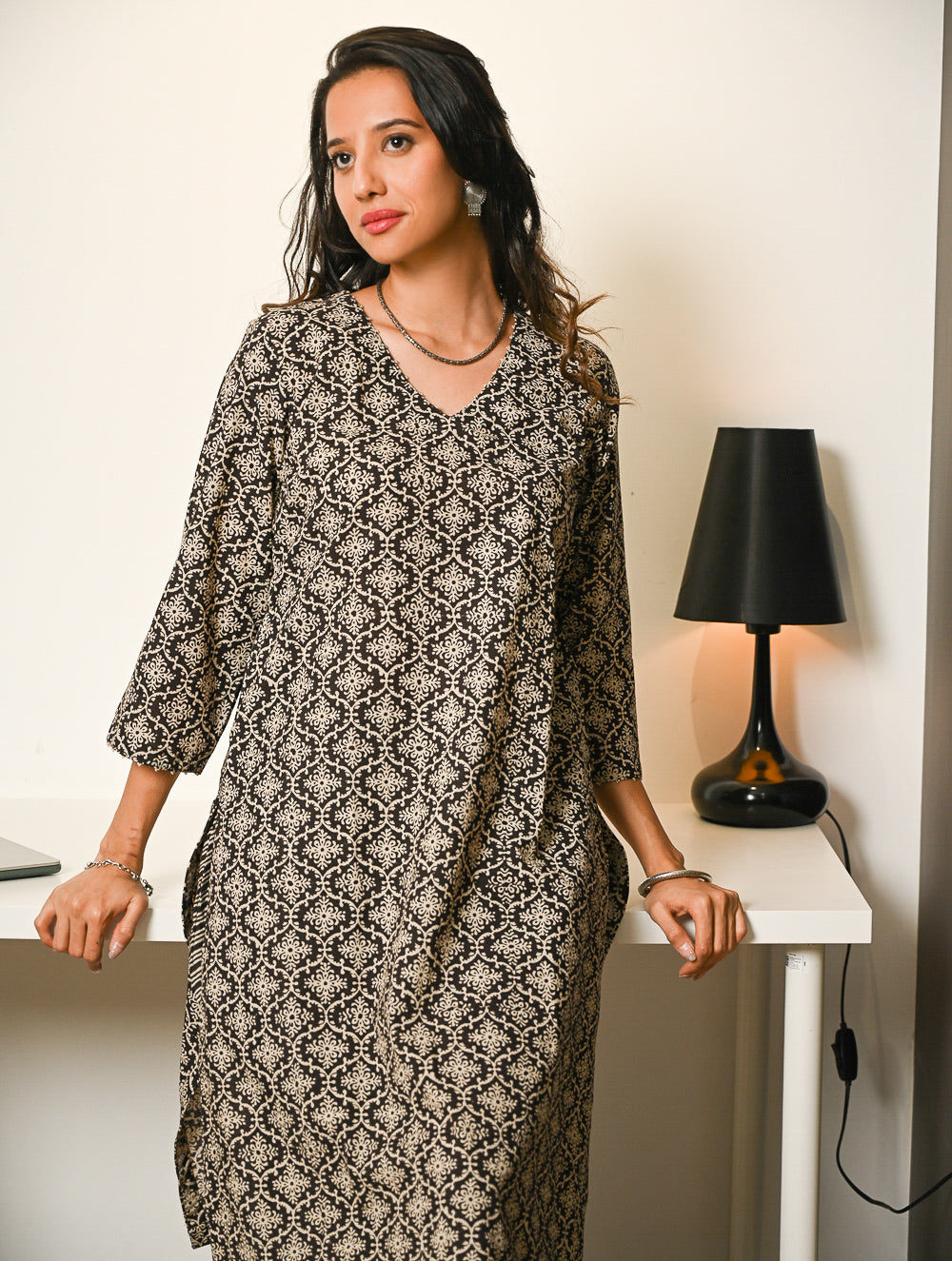 Work Chic. Hand Block Printed Bagru Cotton Kurta Set (Loose Fit) - Black Ornate (2 pc set)