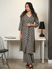 Work Chic. Hand Block Printed Bagru Cotton Kurta Set (Loose Fit) - Black Ornate (2 pc set)