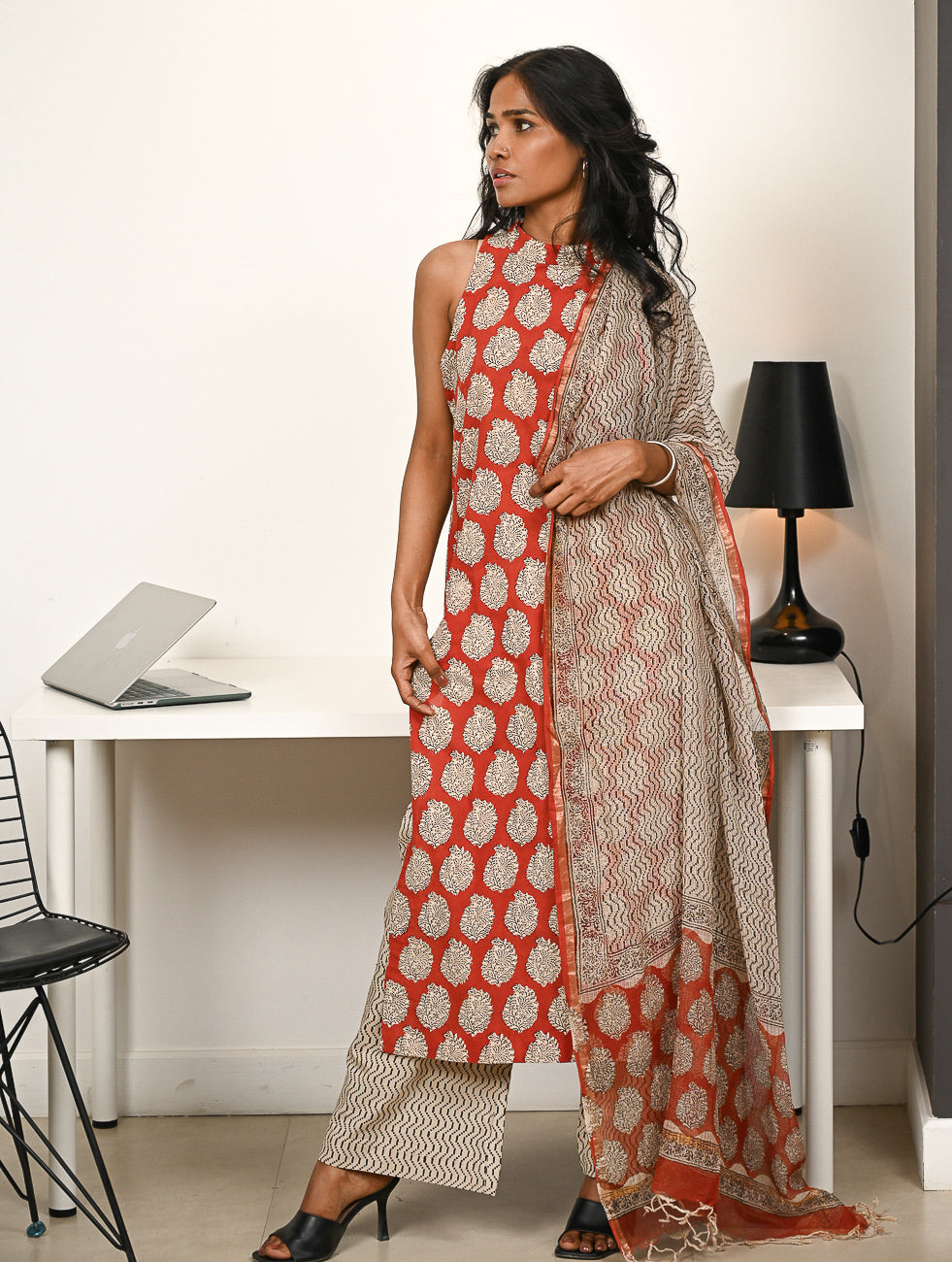 Work Chic. Hand Block Printed Bagru Kurta Set - Ornate Reds (3 pc set)