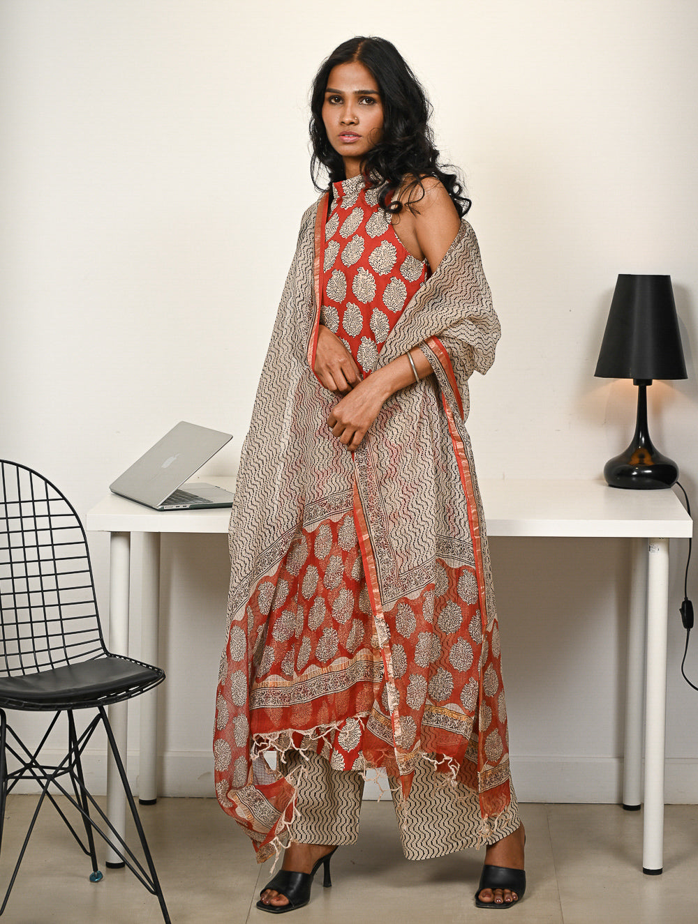 Work Chic. Hand Block Printed Bagru Kurta Set - Ornate Reds (3 pc set)
