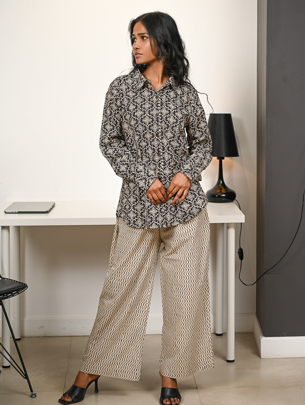 Work Chic. Hand Block Printed Bagru Shirt & Pants Set - Black Ornate (2 pc set)