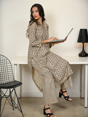 Work Chic. Hand Block Printed Bagru Loose Fit Kurta Set - Beige Florets (2 pc set)