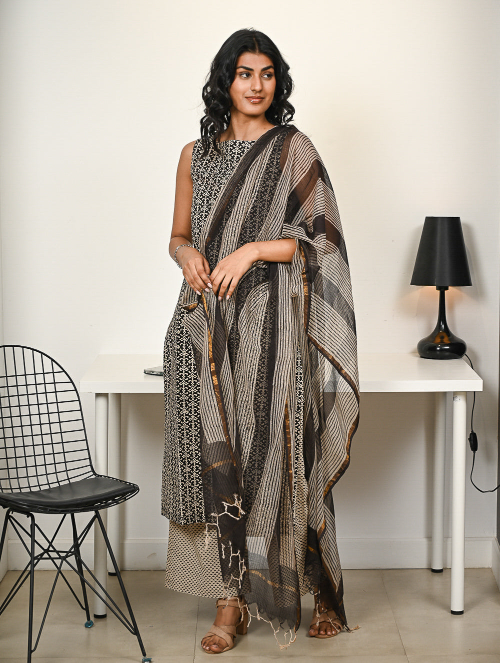 Work Chic. Hand Block Printed Bagru Kurta Set - Stripes & Florets (3 pc set)