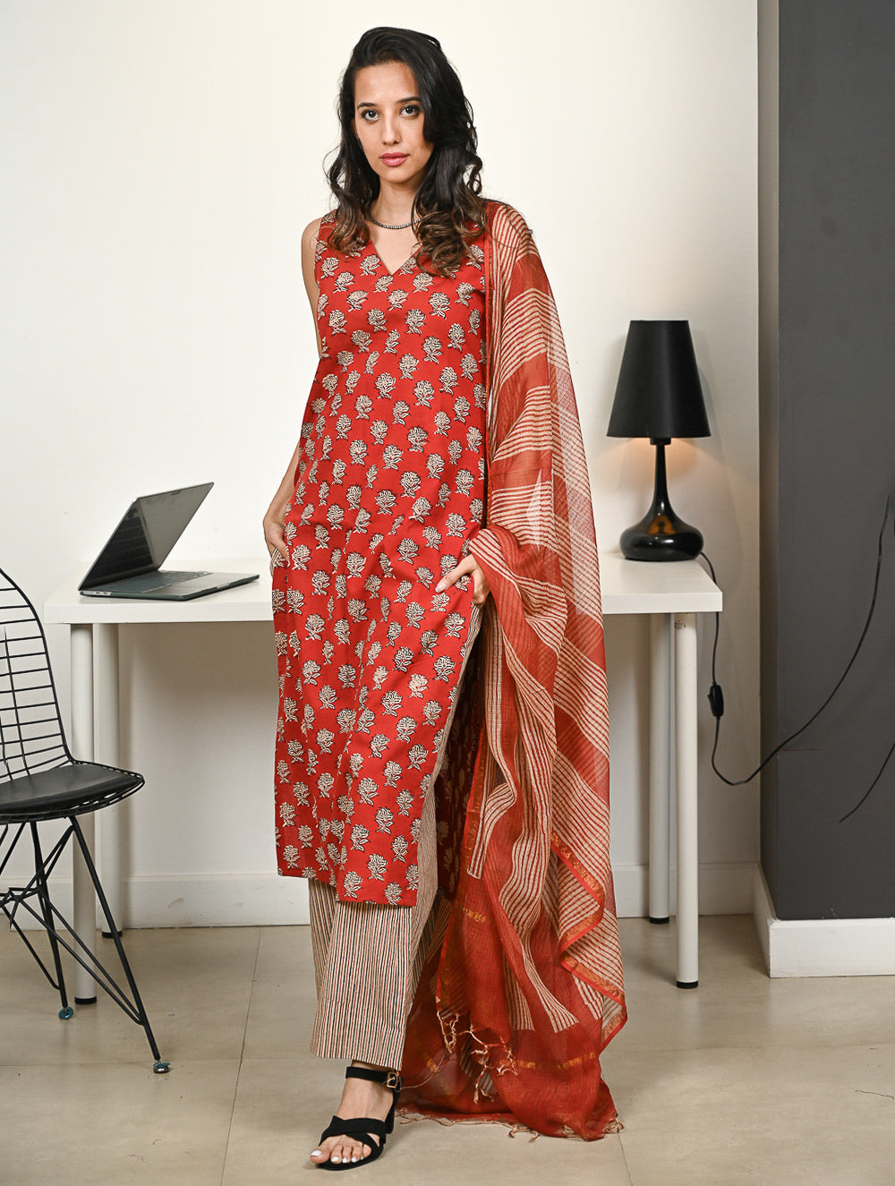 Work Chic. Hand Block Printed Bagru Kurta Set - Florets & Stripes (3 pc set)
