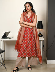 Work Chic. Hand Block Printed Bagru Kurta Set - Florets & Stripes (3 pc set)