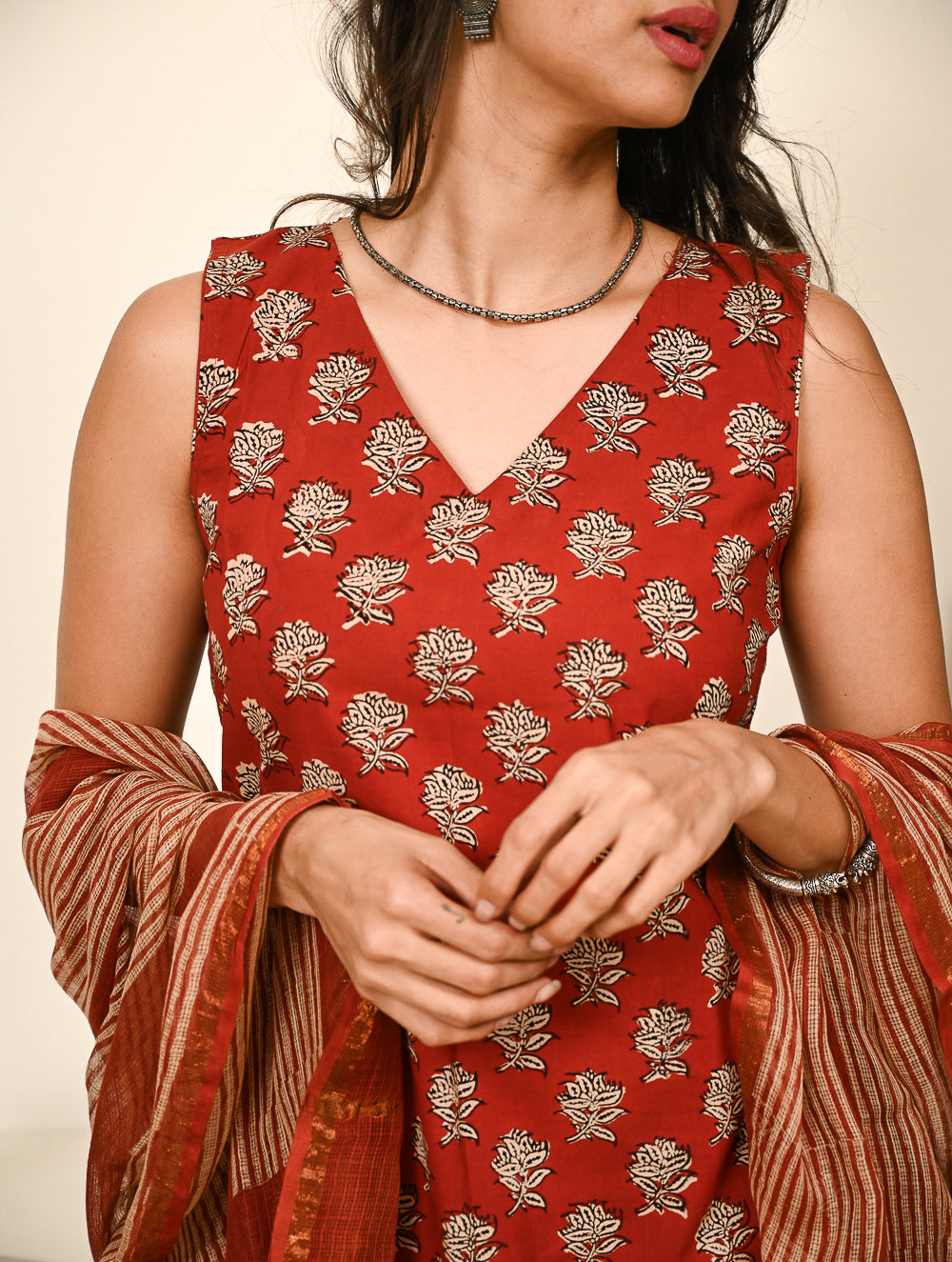 Work Chic. Hand Block Printed Bagru Kurta Set - Florets & Stripes (3 pc set)
