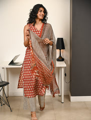 Work Chic. Hand Block Printed Bagru Kurta Set - Stripes & Reds (3 pc set)