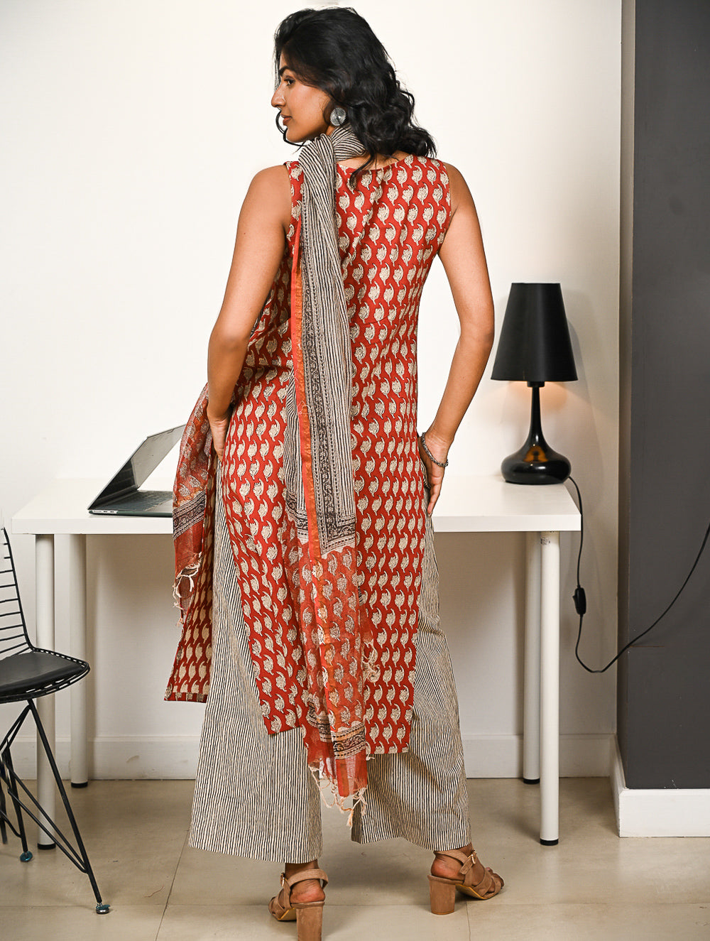 Work Chic. Hand Block Printed Bagru Kurta Set - Stripes & Reds (3 pc set)