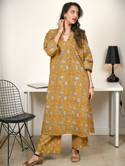 Work Chic. Hand Block Printed Ultra Loose Fit Bagru Kurta Set - Mustard Flora (2 pc set)