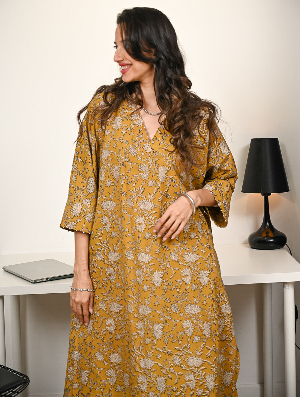 Work Chic. Hand Block Printed Ultra Loose Fit Bagru Kurta Set - Mustard Flora (2 pc set)