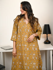 Work Chic. Hand Block Printed Ultra Loose Fit Bagru Kurta Set - Mustard Flora (2 pc set)