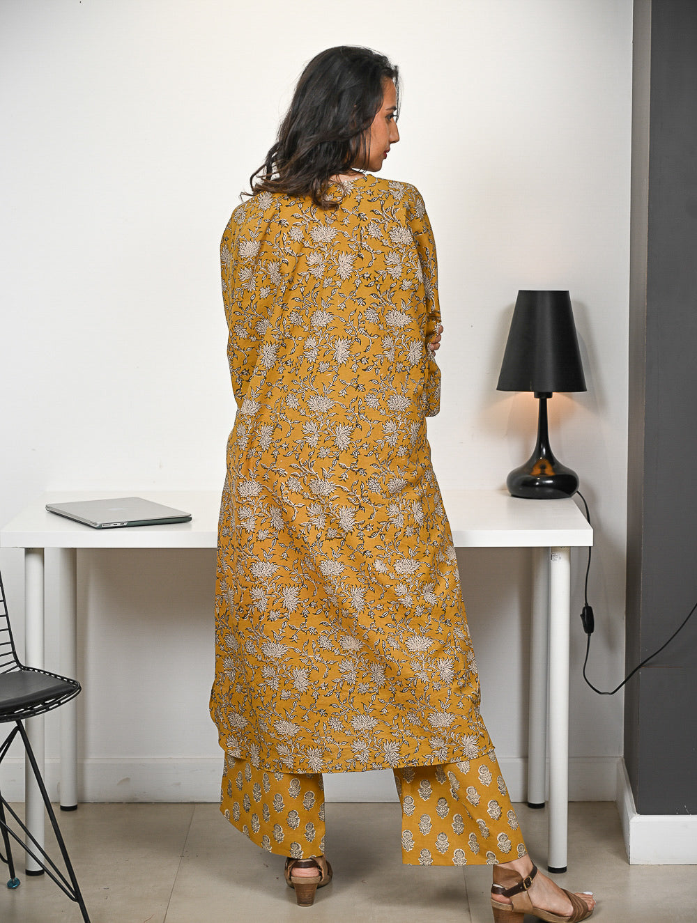 Work Chic. Hand Block Printed Ultra Loose Fit Bagru Kurta Set - Mustard Flora (2 pc set)