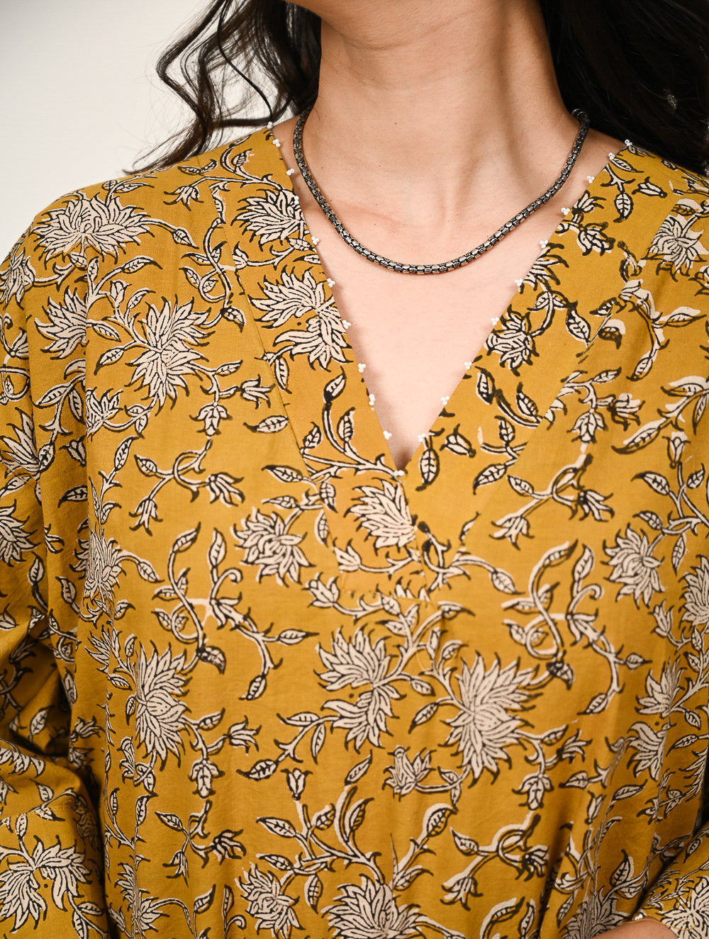 Work Chic. Hand Block Printed Ultra Loose Fit Bagru Kurta Set - Mustard Flora (2 pc set)