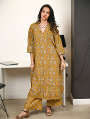 Work Chic. Hand Block Printed Ultra Loose Fit Bagru Kurta Set - Mustard Flora (2 pc set)
