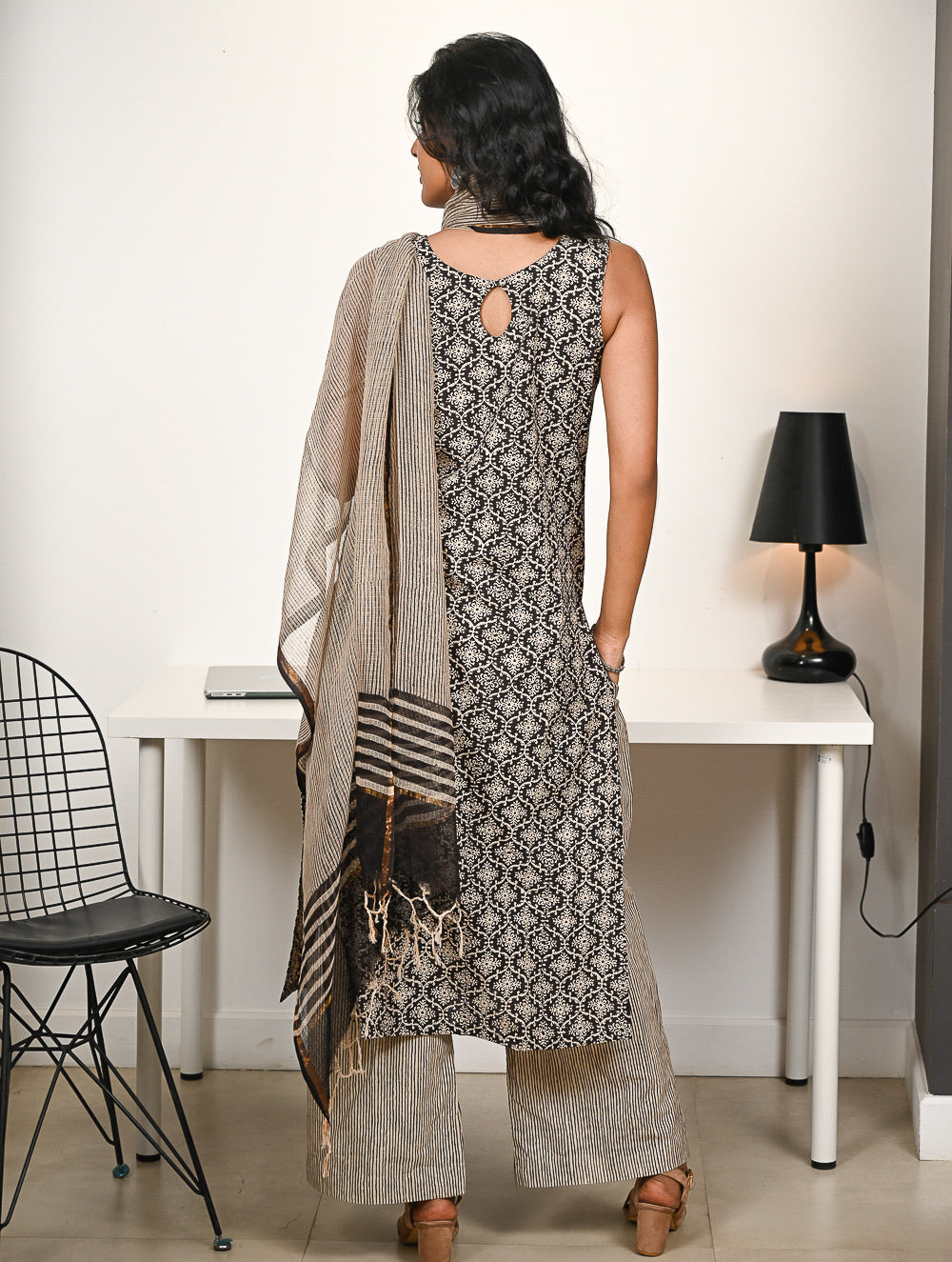 Work Chic. Hand Block Printed Bagru Kurta Set - Ornate Stripes (3 pc set)