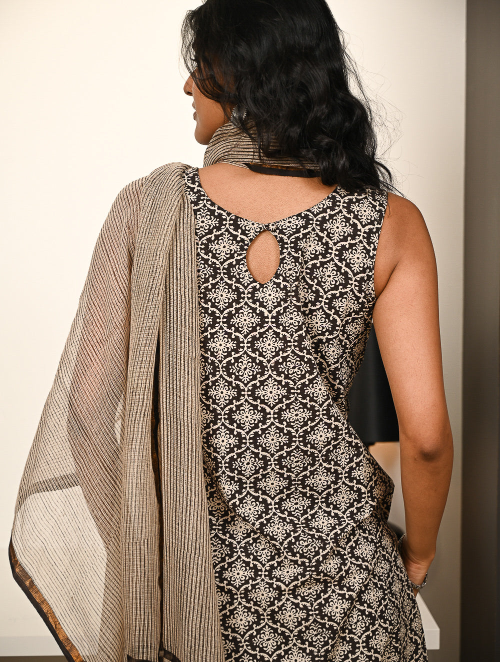 Work Chic. Hand Block Printed Bagru Kurta Set - Ornate Stripes (3 pc set)