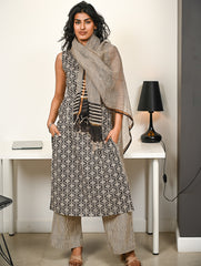 Work Chic. Hand Block Printed Bagru Kurta Set - Ornate Stripes (3 pc set)
